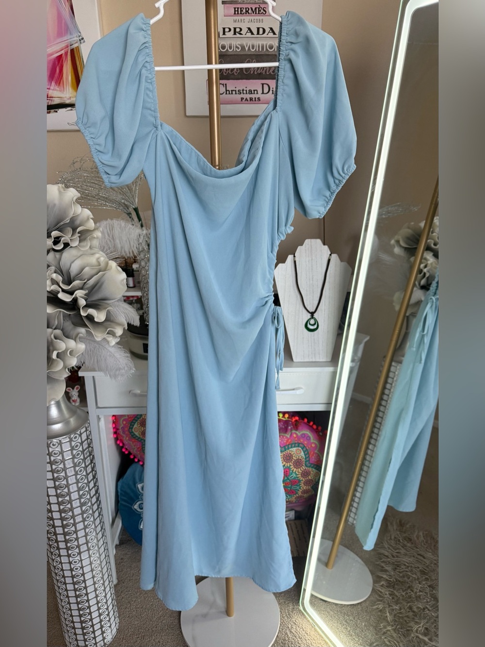 SHEIN Light Blue Puff-Sleeve Midi Dress